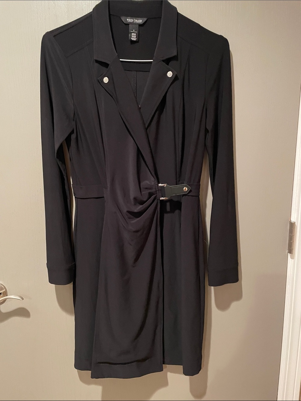 White House Black Market Black Long-Sleeve Wrap Dress with Buckle Detail
